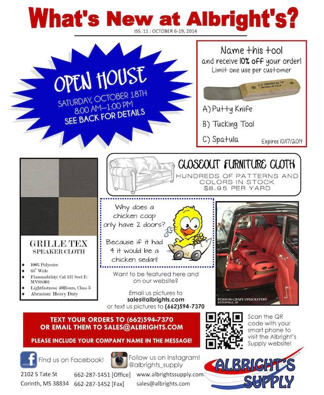 Auto Upholstery - The Hog Ring - Albright's Supply - October 2014 Newsletter