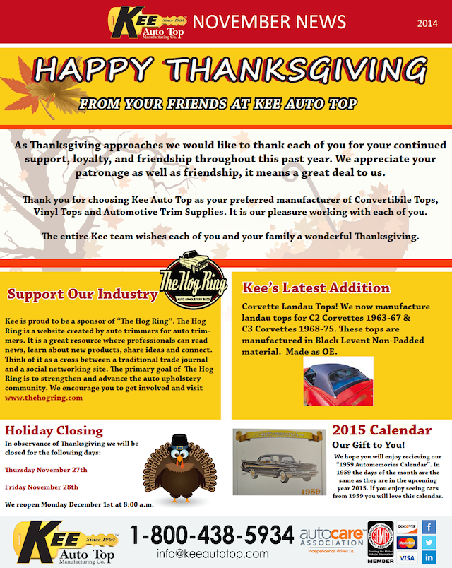 Auto Upholstery - The Hog Ring - Kee Auto Top - November 2014 Newsletter